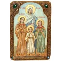 Живописная икона "Вера, Надежда, Любовь и мать их София" на сакральном кипарисе