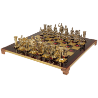 Шахматный набор  "Греко-Романский Период"  (красн. мет. доска 44х44 см, дер. короб, фигуры золото/серебро) (Manopulos MP-S-11-44-RED)
